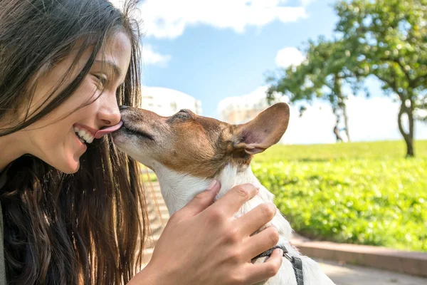 Joven Adolescente Hipster Besa Perro Jack Russell Terrier Parque Sonrisa —  Fotos de Stock