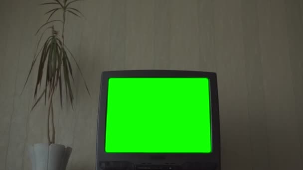 Conjunto de TV com tela cromakey verde perto de vaso planta closeup — Vídeo de Stock