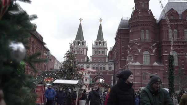 Bürger spazieren über Weihnachtsmarkt auf historischem Platz — Stockvideo