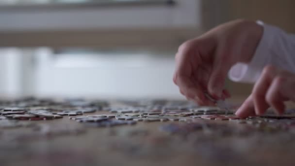 Girl hands with white sleeves collect puzzle pieces closeup — Stock Video