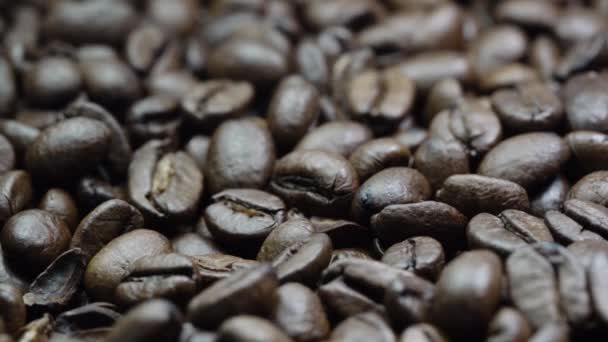 Movimiento a lo largo de granos de café tostados en la luz de la lámpara vista cercana — Vídeo de stock