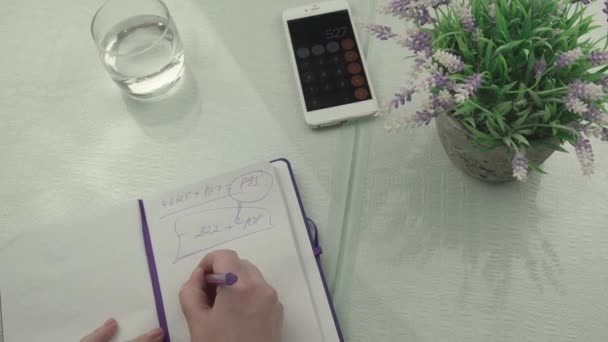 Mujer de negocios con pluma púrpura cuenta con un teléfono inteligente moderno — Vídeo de stock
