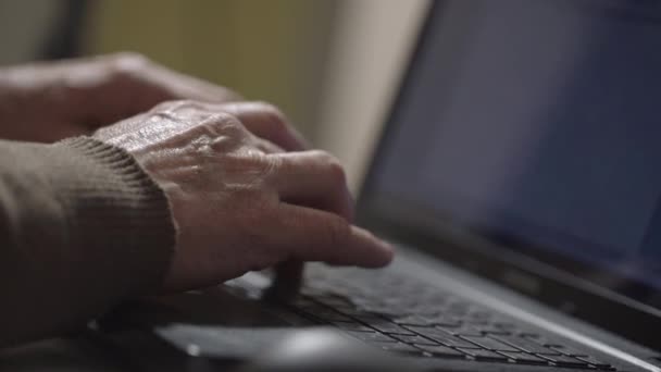 Pensionerad man typer dokument på bärbar dator som arbetar på Internet — Stockvideo