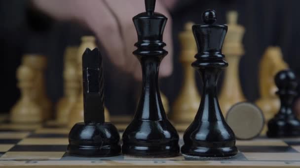 Person hand puts carefully chess pieces on board close view — Stock Video
