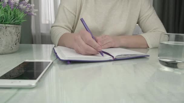 Affärskvinna i pullover räknas och skriver i anteckningsbok — Stockvideo