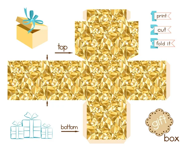 Bedruckbare Geschenkbox mit goldenen Dreiecken Mosaikmuster — Stockvektor