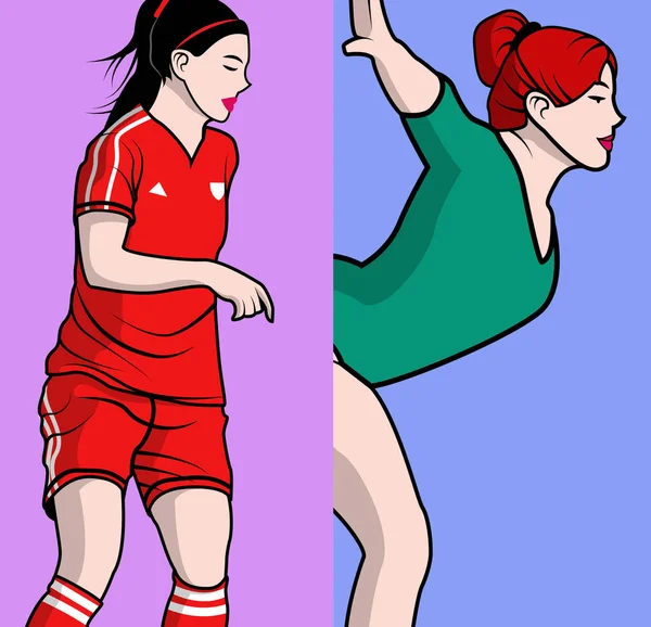 Vrouwelijke voetballer en vrouwelijke turnster spelen — Stockvector