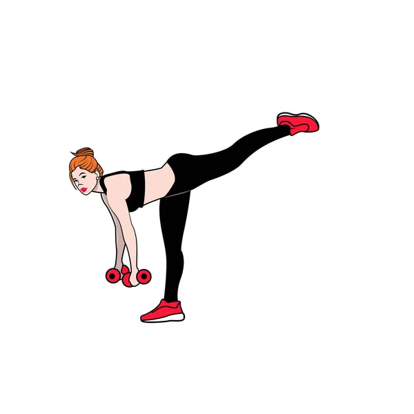 Vrouw oefenen met rode halters en schoenen — Stockvector
