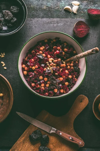 Healthy Vegan Beetroot Salad Chickpeas Bowl Dark Kitchen Table Background — Stock Photo, Image
