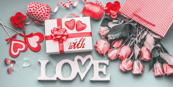 Festive Composition Love Valentines Day Made Gift Box Red Bow — Stock Photo, Image