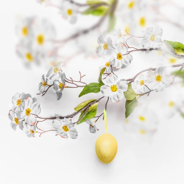 Voorjaar Bloesem Takken Met Opknoping Geel Paaseieren Witte Muur Achtergrond — Stockfoto