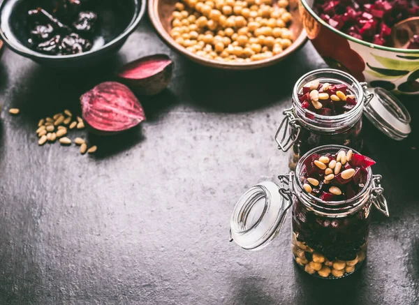 Healthy Vegan Beetroot Salad Chickpeas Pine Nuts Glasses Lunch Dark — Stock Photo, Image