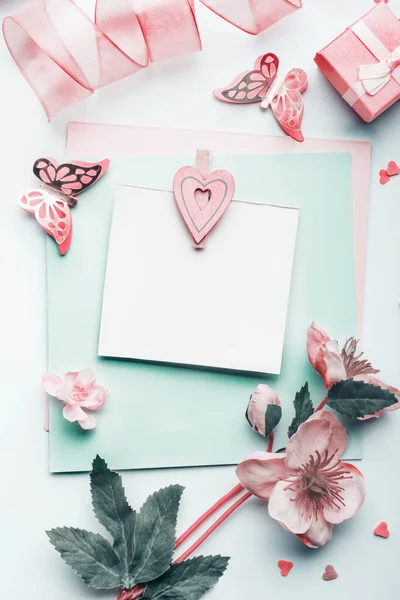 Lovely Greeting Card Mock Pastel Pink Heart Flowers Decoration Top — Stock Photo, Image