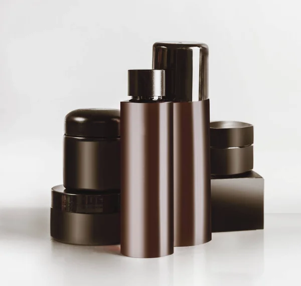 Various Black Brown Cosmetic Product Jars Bottles Branding Mock Standing — Stock Photo, Image