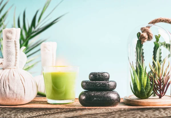 Spa Concept Massage Equipment Stack Massage Stones Aromatherapy Candles Herbal — Stock Photo, Image