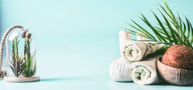 Spa ayarlama arka planı. Masaj tedavisi. Yuvarlak havlular, hindistan cevizli sıkıştırma topları, palmiye yaprakları ve açık mavi arka planda cam içinde çeşitli sulu bitkiler. Güzellik, sağlık ve vücut bakımı. Çerçeve
