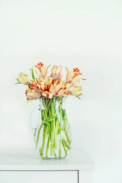 Lovely tulips bunch in glass vase on white table at white wall. Home interior concept. Springtime