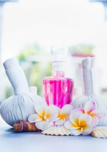 Healthy Spa Wellness Treatment Herbal Compressing Ball Frangipani Flowers Front — Stock Photo, Image