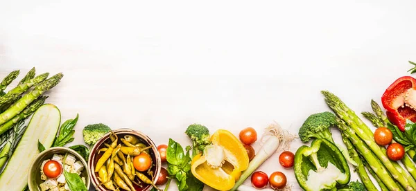 Variety Organic Vegetables Ingredients Asparagus Feta Delicious Seasonal Cooking White — Stock Photo, Image