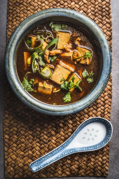 Spicy Asian Soup Tofu Meat Bowl Top View Sichuan Soup — Stock Photo, Image