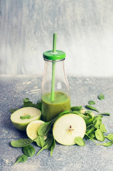 Green Smoothie Bottle Ingredients Apple Spinach Rustic Background Front View — Stock Photo, Image