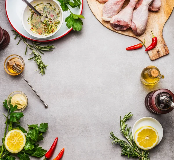 Piezas Pollo Preparación Con Ingredientes Marinada Para Asar Cocinar Sobre — Foto de Stock