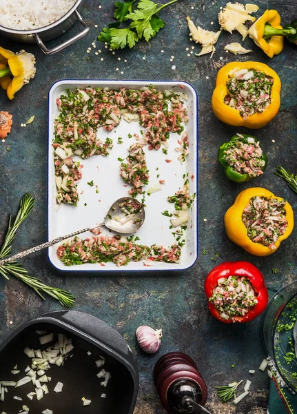 Bell Colorido Páprica Pimentas Recheio Preparação Com Arroz Recheio Carne — Fotografia de Stock