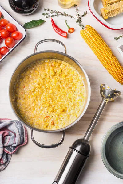 Tasty Vegetarian Corn Soup Cooking Pot Stick Mixer Ingredients White — Stock Photo, Image