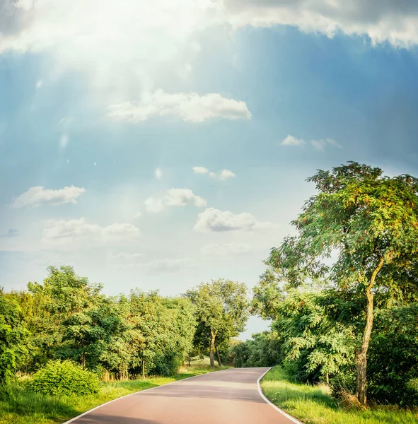 Paisaje Verano Con Carretera Árboles Cielo Azul Rayos Sol —  Fotos de Stock