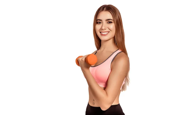 Mladá Krásná Dívka Držící Rukou Činky Cvičení Vahou Pumpováním Bicepsy — Stock fotografie