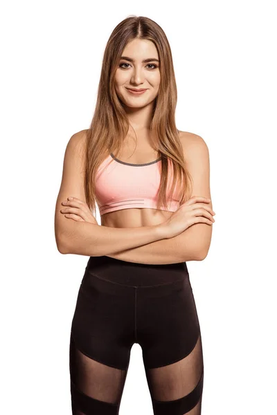 Mulher Bonita Sportswear Sobre Fundo Branco Corpo Apertado Modelo Fitness — Fotografia de Stock