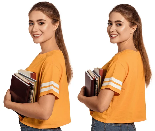 Estudante Bonita Mulher Uma Camiseta Amarela Segura Livros Caderno Obter — Fotografia de Stock