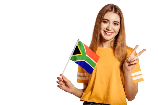 Beautiful Young Woman Holds Her Hands Flag South Africa Shows — Stock Photo, Image