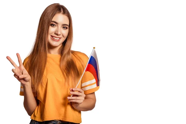Beautiful Young Woman Holds Her Hands Flag Russia Shows Sign — Stock Photo, Image