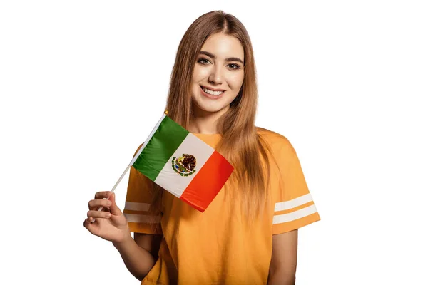 Uma Bela Jovem Segura Suas Mãos Bandeira México Estudante Intercâmbio — Fotografia de Stock
