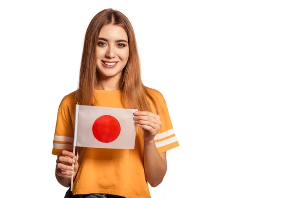 Uma Bela Jovem Segura Suas Mãos Bandeira Japão Estudante Intercâmbio — Fotografia de Stock
