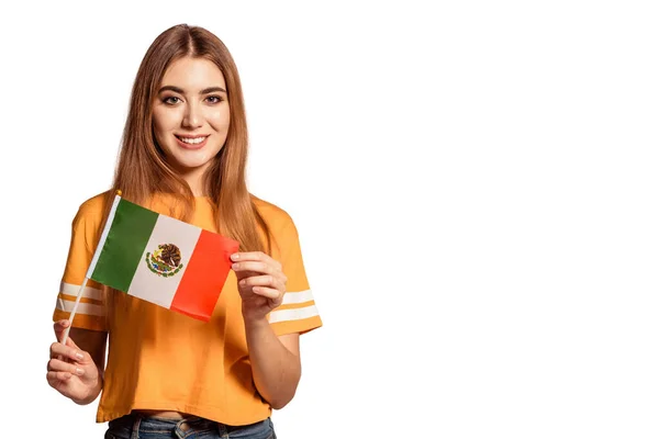 Una Hermosa Joven Sostiene Sus Manos Bandera México Estudiante Intercambio —  Fotos de Stock