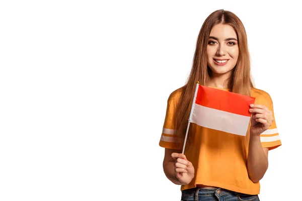 Een Mooie Jonge Vrouw Houdt Haar Handen Vlag Van Monaco — Stockfoto