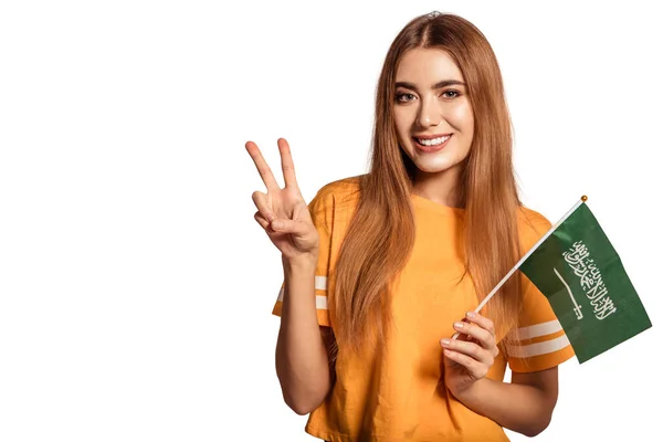 Beautiful Young Woman Holds Her Hands Flag Saudi Arabia Shows — Stock Photo, Image