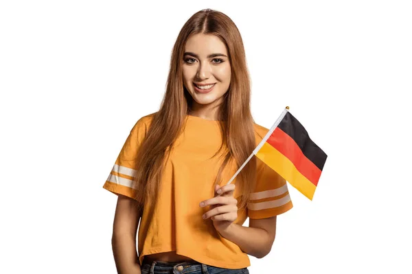 Красива Молода Жінка Тримає Руках Прапор Німеччини Студент Біржі Вивчи — стокове фото