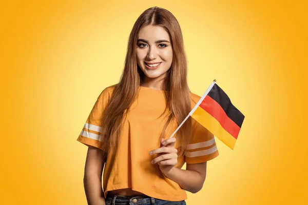 Beautiful Young Woman Holds Her Hands Flag Germany Exchange Student — Stock Photo, Image