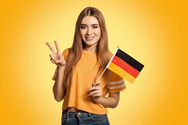 Beautiful Young Woman Holds Her Hands Flag Germany Shows Sign — Stock Photo, Image