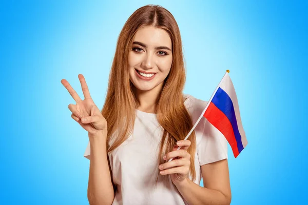 Beautiful Young Woman Holds Her Hands Flag Russia Shows Sign — Stock Photo, Image