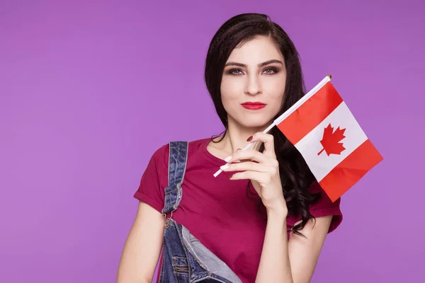 Beautiful Brunette Woman Holding Flag Canada Her Hands Purple Background — Stock Photo, Image