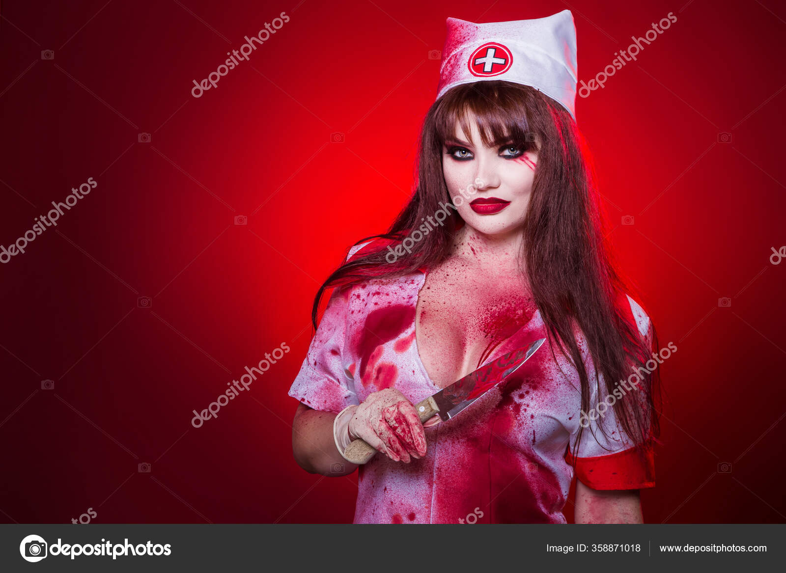 Throat Motley virtual Beautiful Sexy Woman Vampire Nurse All Blood Holding Knife Killer Stock  Photo by ©Nadin_Inaya 358871018