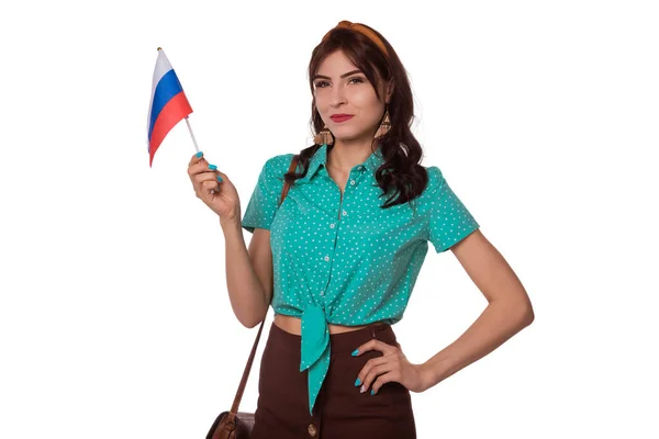 Mulher Morena Bonita Segurando Uma Bandeira Rússia Suas Mãos Aprendendo — Fotografia de Stock