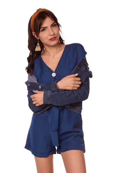 Mulher Morena Bonita Vestida Com Macacão Azul Casaco Ganga Chelma — Fotografia de Stock