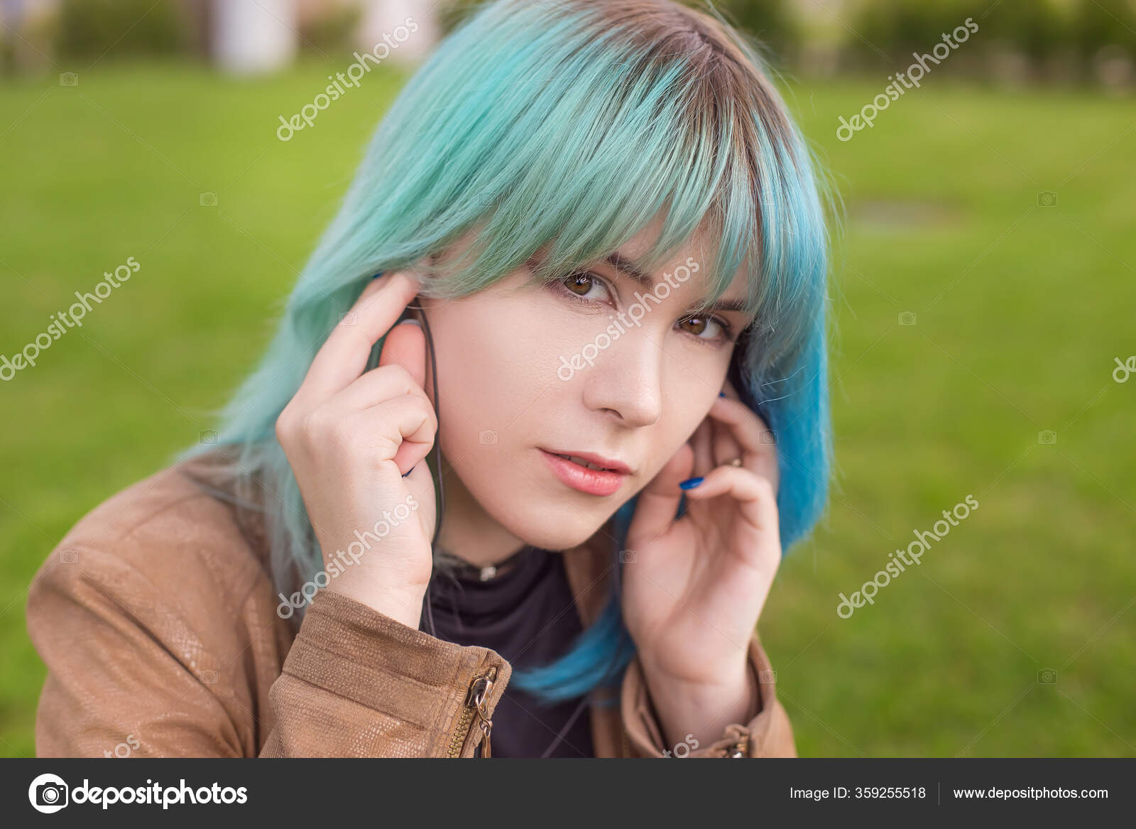 Close Portrait Beautiful Young Woman Colored Blue Turquoise Hair Headphones  Stock Photo by ©Nadin_Inaya 359255518