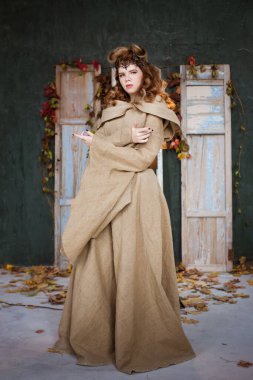 Bir prensesin ortaçağ kıyafeti, bir büyücü, kafasında başlık ve taç olan bir cadı. Güzel bir genç kız, kadınlar. Kolları göğsünde çaprazlanmış bir şekilde dimdik ayakta duruyor..