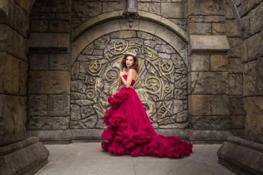 Güzel bir kadın, kırmızı lüks elbiseli bir kraliçe, orta çağ arkaplanında duruyor, kemerli bir Gotik amblem, kristalli gümüş karton. Kaledeki Prenses.